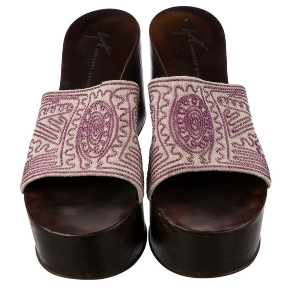 Giuseppe Zanotti Beige Canvas Embroidered Chunky Platform Sandal Slides Sz 37.5 - Picture 3 of 12